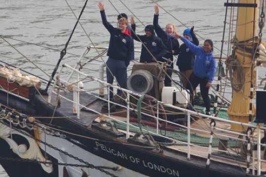 01 April 2021 - 09-27-14
A very happy cluster of crew waving to friends and relatives on the Dartmouth quayside
----------------
Tall ship Pelican of London arrives in Dartmouth